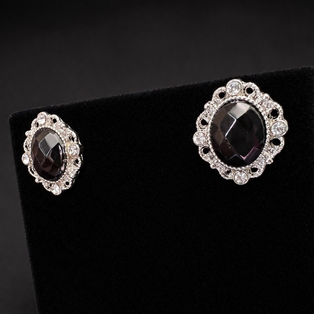 Vintage Style Black Oval Stud Earrings Silver Tone Rhinestone Gothic Victorian‎